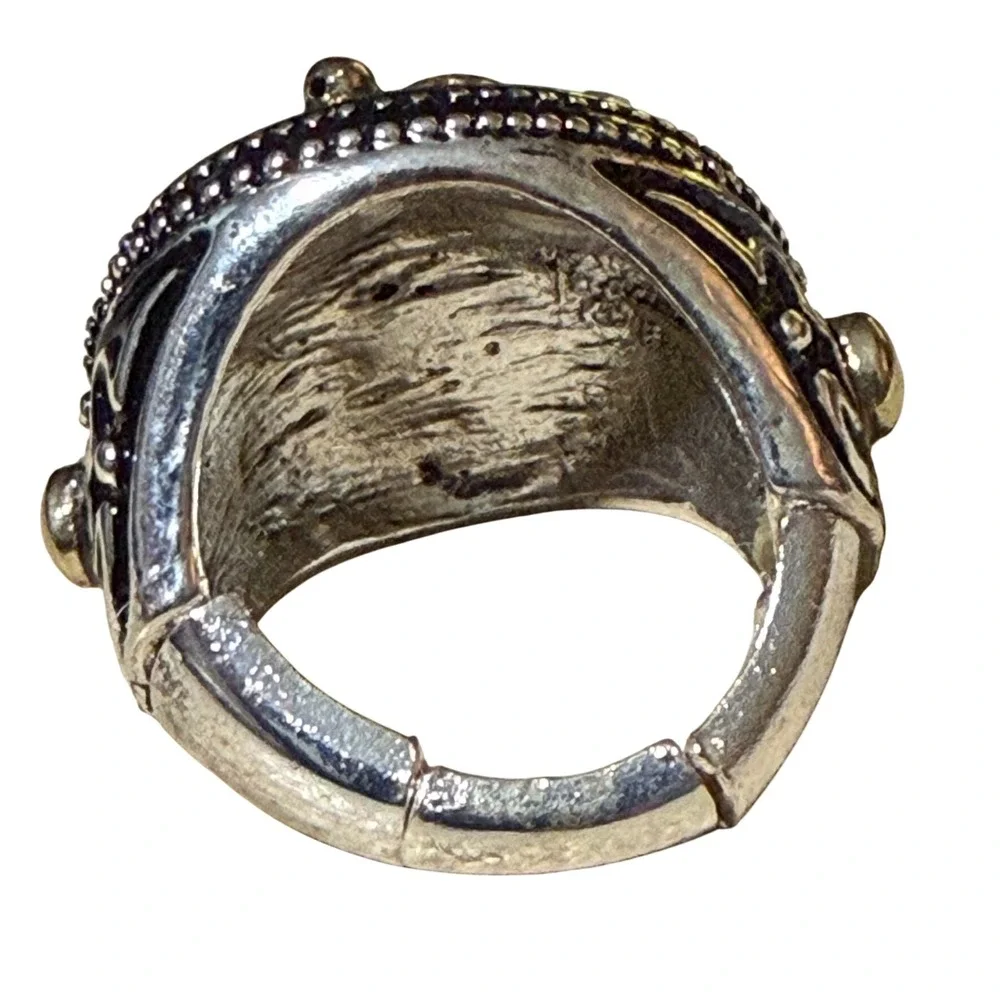 Statement Ring Multi Gemstone Gold and Silver Tone Mixed Metal Adjustable Band - Picture 8 of 12